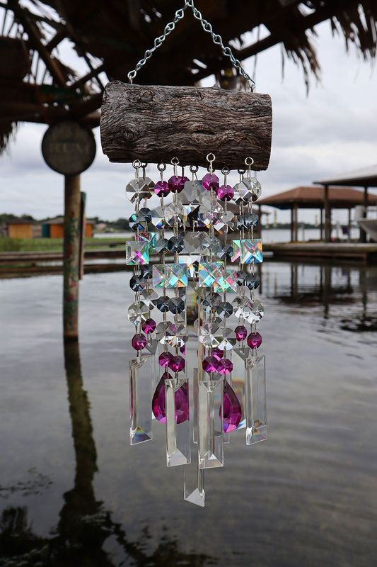 Natural Driftwood & Crystal Suncatcher Wind Chime XL 11 Strand Magenta & Gray