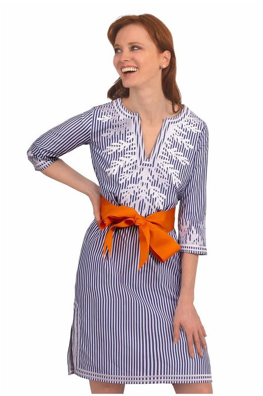 Embroidered Pinstripe Navy Dress