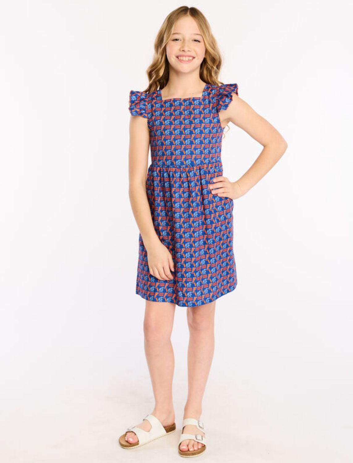 Girls Twill Flutter Sleeve Dress