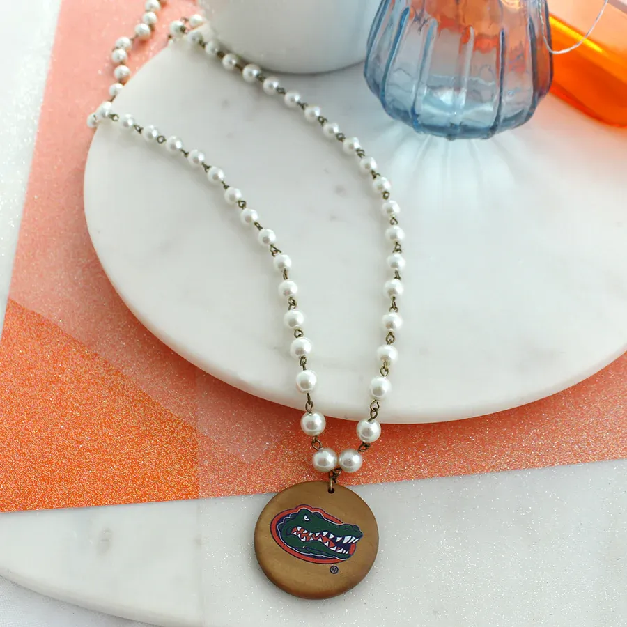 Florida Logo Pearl &amp; Wood Disc Necklace