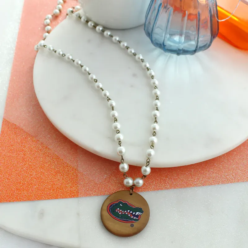 Florida Logo Pearl &amp; Wood Disc Necklace