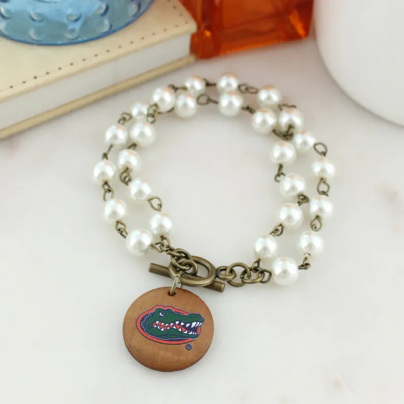 Florida Logo Pearl &amp; Wood Disc Toggle Bracelet