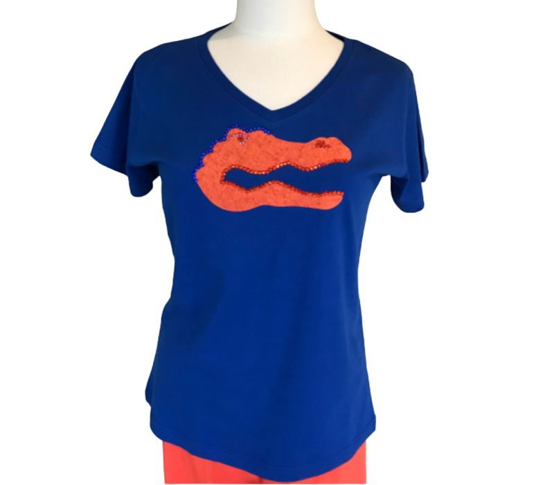Orange Crystal Gator on Blue Top