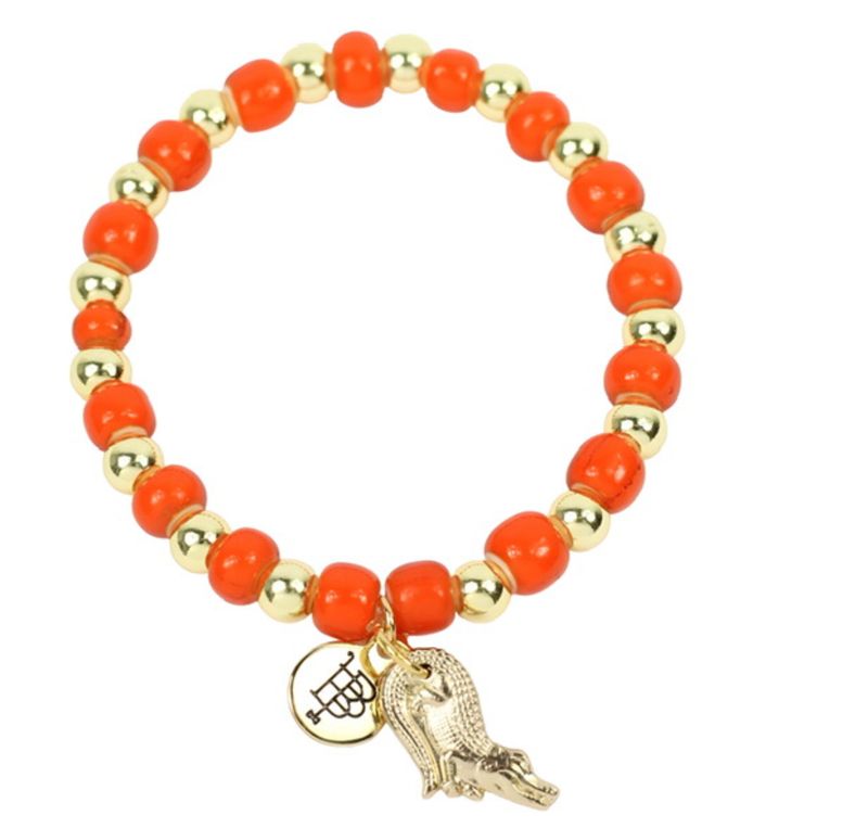 Orange Beaded Bracelet with Gold Gator Charm
