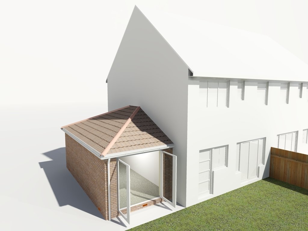 Single Storey - Side, Exterior: Brick, Roofs: Hipped, Skylights: None, Doors: French