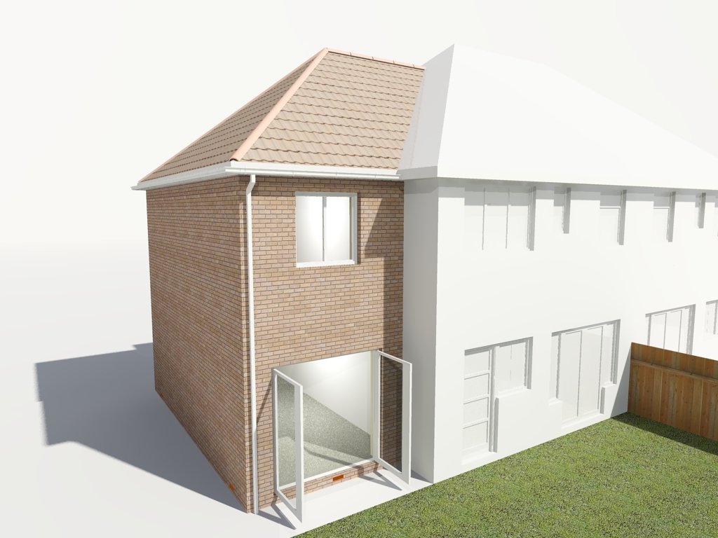 Two Storey - Side, Exterior: Brick, Roofs: Hipped, Skylights: None, Doors: French