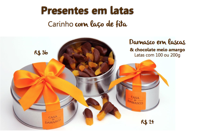 Damasco em lasca com chocolate na lata pequena