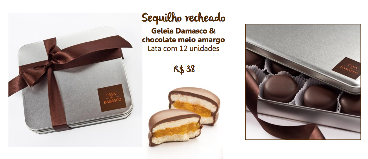 Sequilho recheado com geléia de damasco e coberto com chocolate. Na lata, com 12 unidades