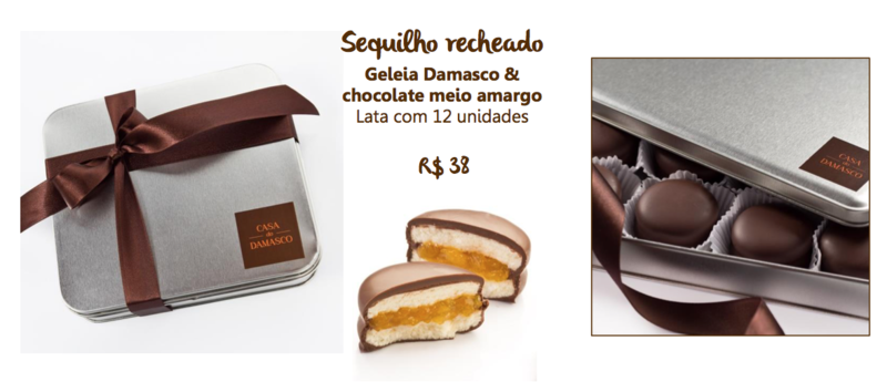 Sequilho recheado com geléia de damasco e coberto com chocolate. Na lata, com 12 unidades
