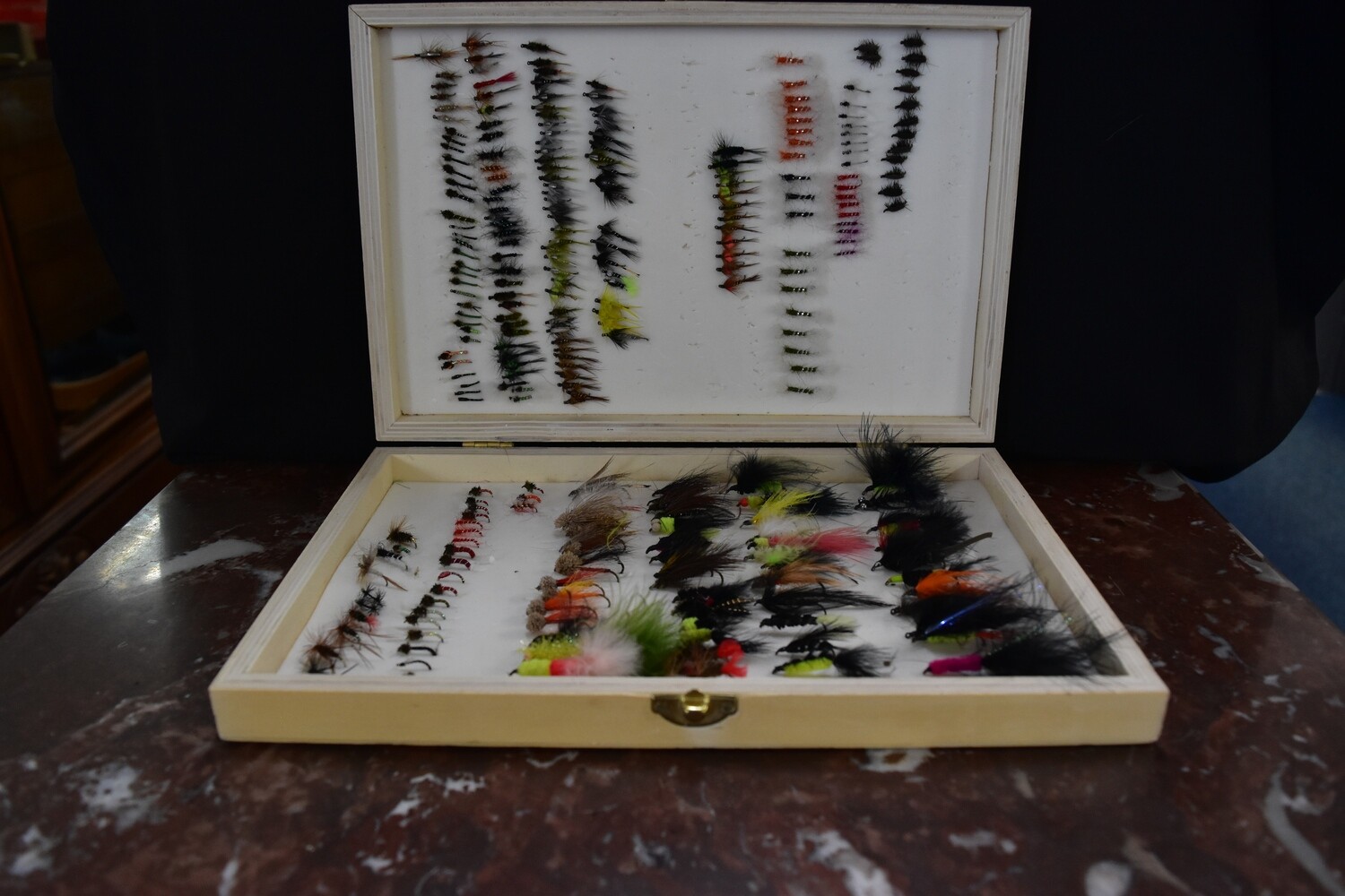 Lure Large Fishing Flies in Wooden Box