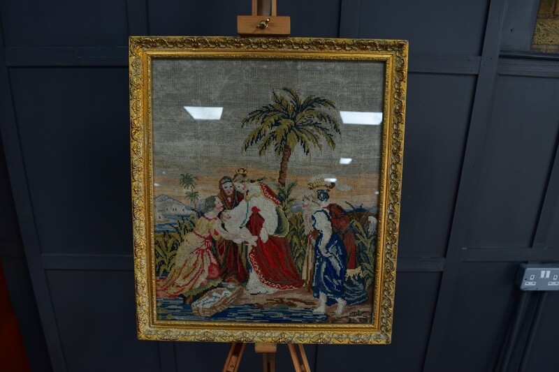 Victorian Needlepaint "Moses in the Bulrushes"