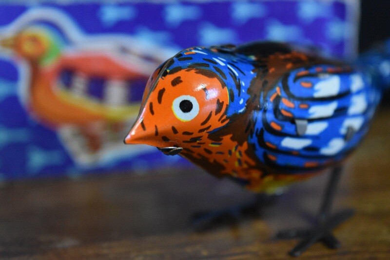 Vintage Blue Tin Plate Pecking Bird with Box & Key