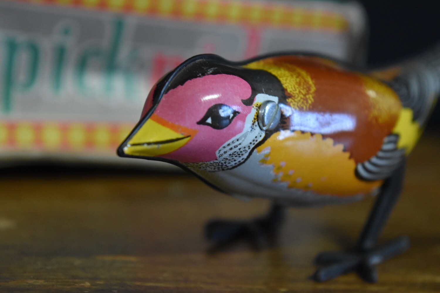 Vintage Brown Tin Plate Pecking Bird with Box & Key