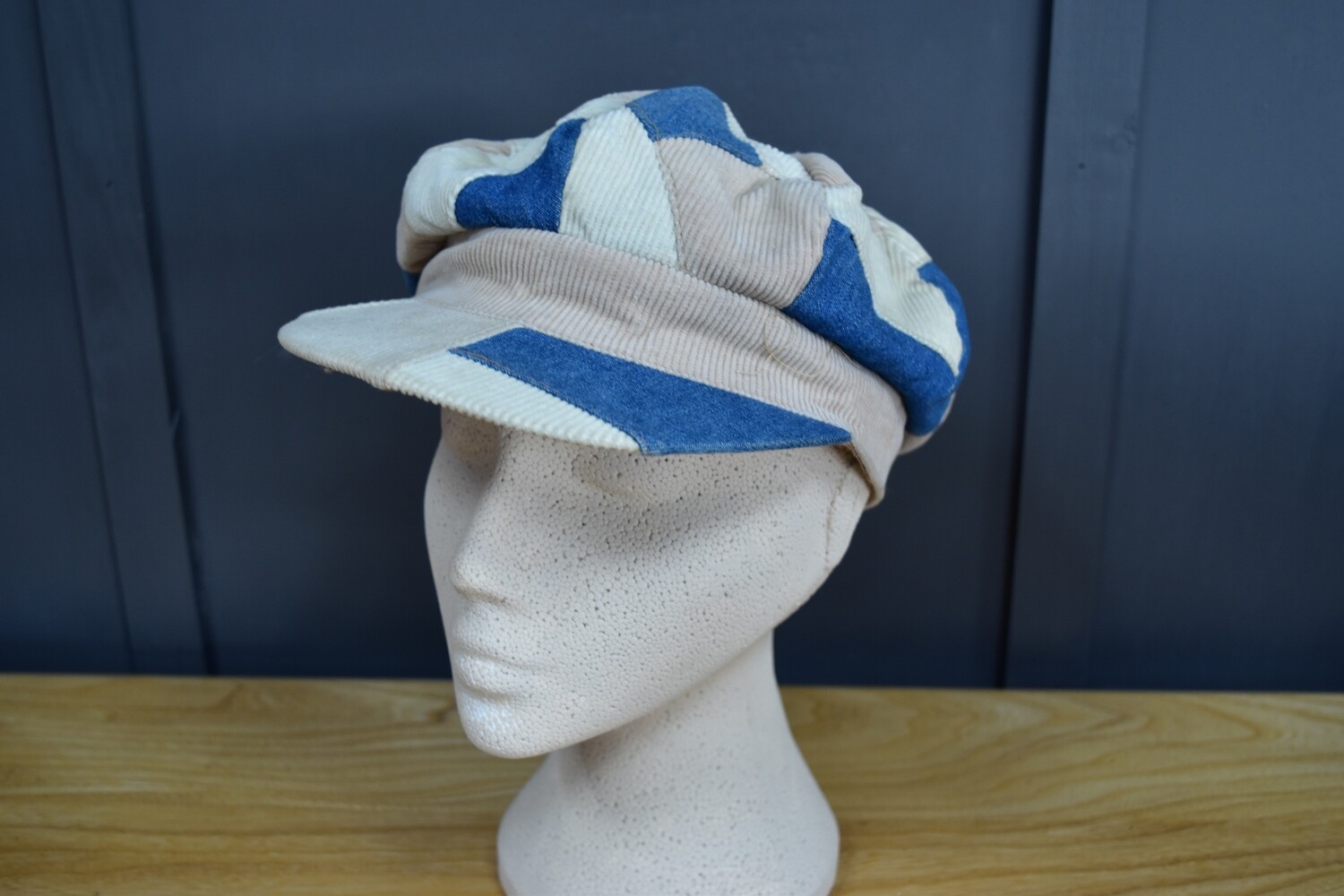 1970s Style Cream Corduroy & Denim Baker Boy Cap