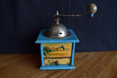Vintage Blue Coffee Grinder with Country Scene
