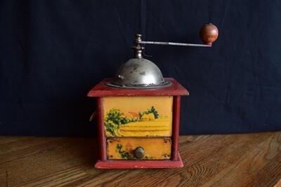 Vintage Red Coffee Grinder with Country Scene