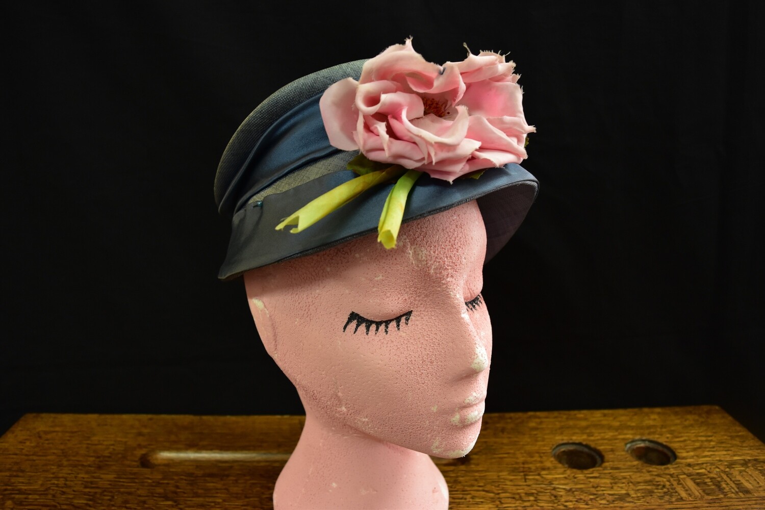 1950s Blue Hat with Pink Floral Trim