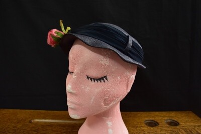 1950s American Blue Hat with Pink Rose Trim
