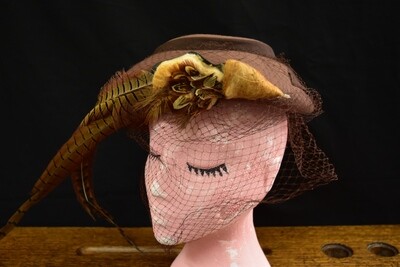 1940s Brown Felt Hat with Feather Trim