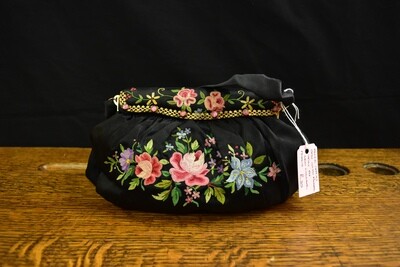 Leo Miller Black Satin Bag with Floral Trim