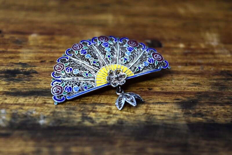 Chinese Silver & Enamel Fan Brooch