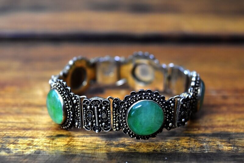 Chinese Silver Gilt & Jade Bracelet