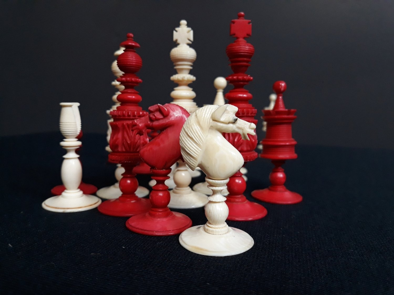 Unusual English Carved Ivory Chess Set