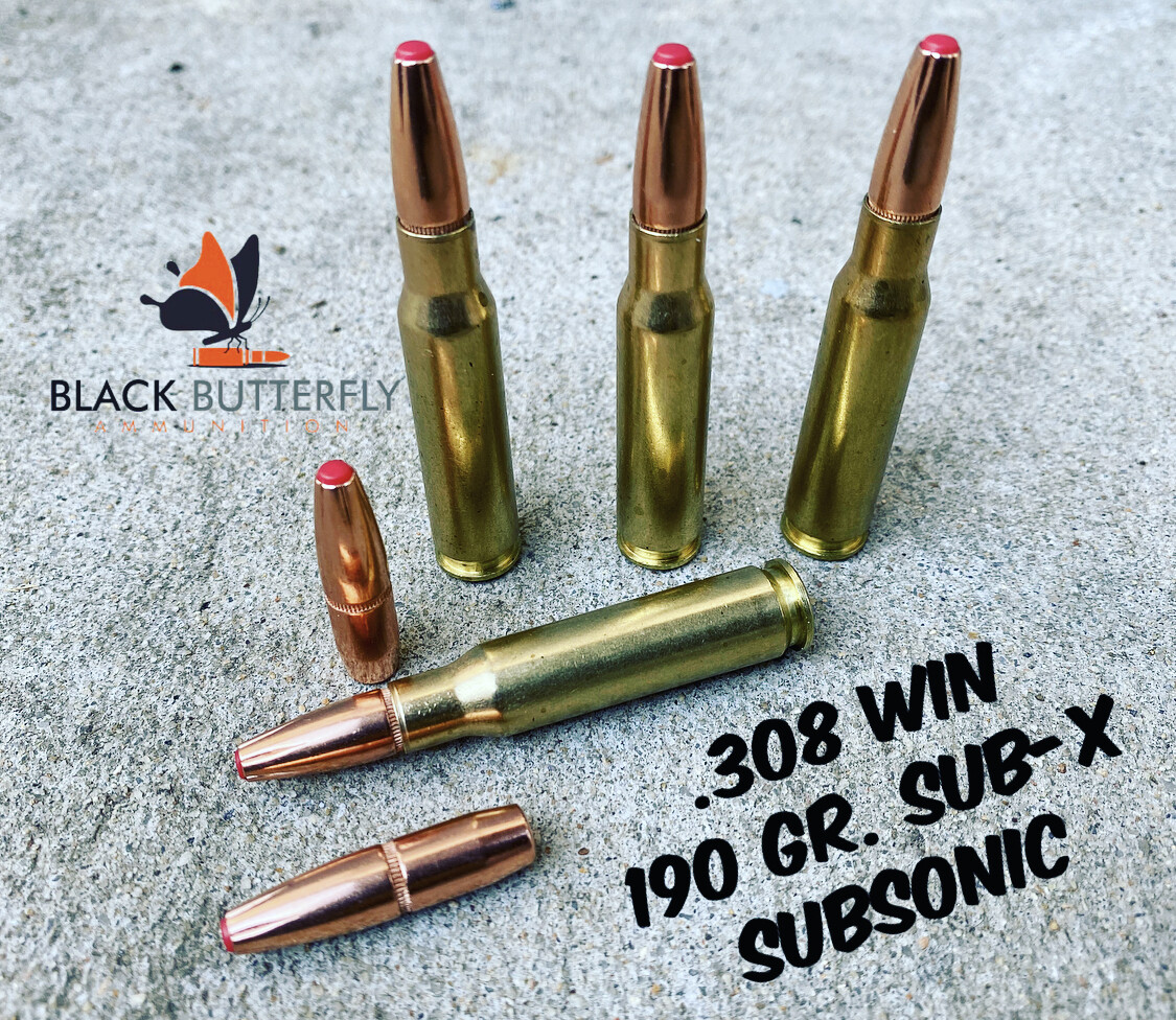 Black Butterfly Ammunition Premium, .308/7.62x51mm, 190 gr., 100 Rounds, SUB-X SUBSONIC (1030 AMV), Dump Box