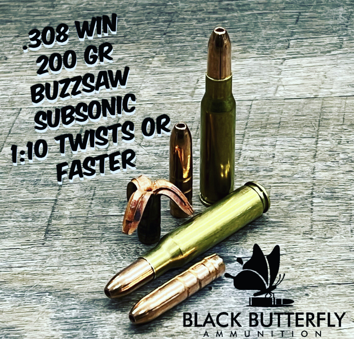 Black Butterfly Ammunition, .308/7.62x51mm, 200 gr., 20 Rounds, SUBSONIC MAKER EXPANDING COPPER &quot;BUZZSAW&quot; (1095 AMV) 1:10 OR FASTER TWIST