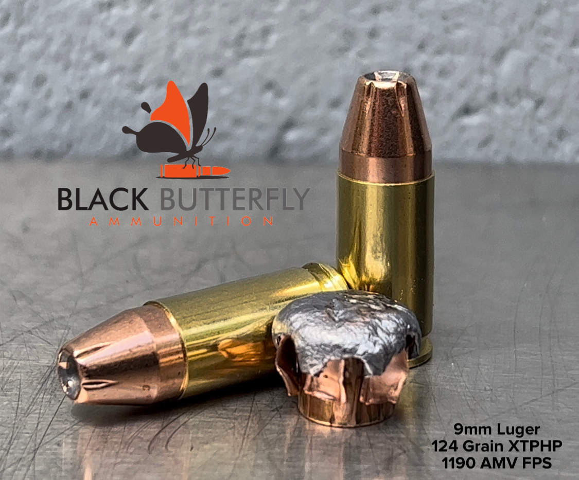 Black Butterfly Ammunition, Premium Self Defense and Hunting Ammo, 9mm Luger, 124 gr, 100 Rounds, Hornady XTPHP (1190 FPS AMV), MAG DUMP BOX