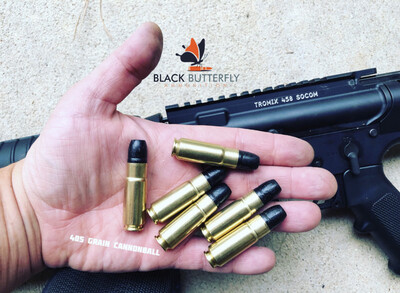 Black Butterfly Ammunition Premium, .458 SOCOM, 405 gr, 5 Rounds, Hi-Tek Coated Lead Flat Head &quot;CANNONBALL&quot; (SAMPLE PACK)