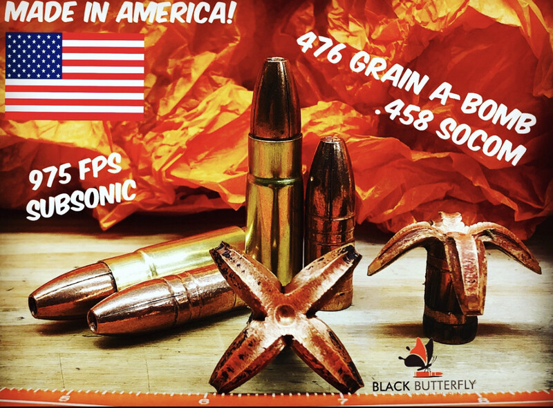 Black Butterfly Ammunition Premium, .458 SOCOM, 476 gr, 5 Rounds, Maker Expanding Copper SUBSONIC "A-BOMB" (SAMPLE PACK)