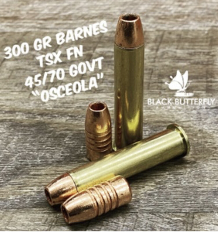 Black Butterfly Ammunition Premium, 45-70 Government, 300 gr, 20 Rounds, Barnes Triple Shock X High Power "Osceola"