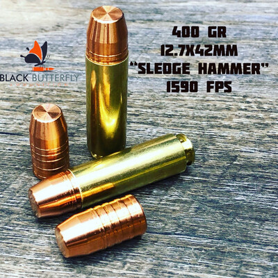 Black Butterfly Ammunition Premium, BIG BORE, 12.7x42mm, 400 gr, 5 Rounds, Cutting Edge Copper Solid &quot;Sledge Hammer&quot; Sample Pack