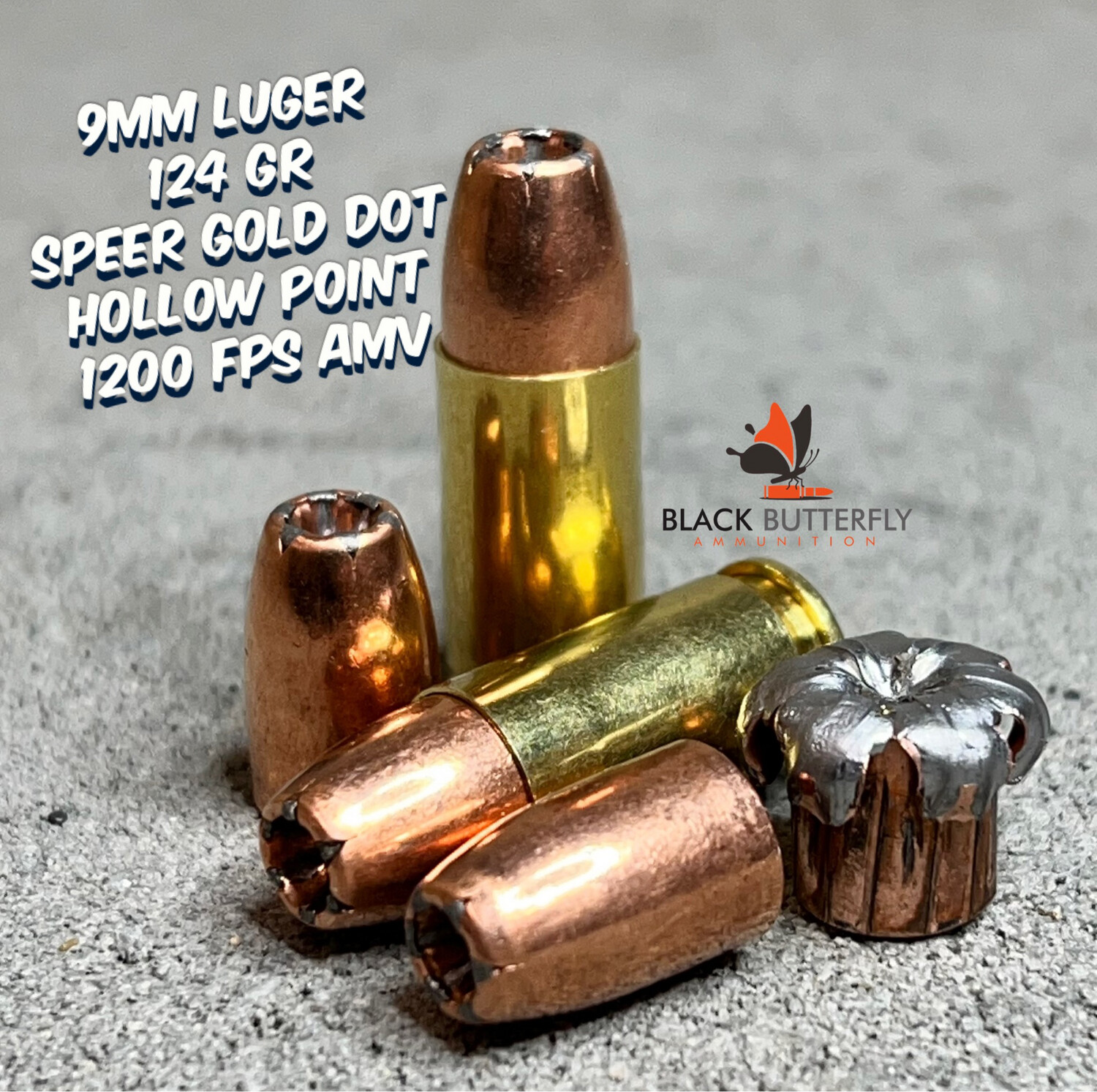 Black Butterfly Ammunition, Premium Self Defense and Hunting Ammo, 9mm Luger, 124 gr, 100 Rounds, Speer Gold Dot (1200 FPS AMV)
