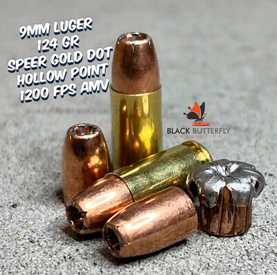 Black Butterfly Ammunition, Premium Self Defense and Hunting Ammo, 9mm Luger, 124 gr, 20 Rounds, Speer Gold Dot (1200 FPS AMV), SAMPLE PACK