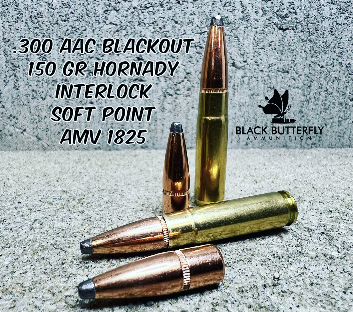 Black Butterfly Ammunition Premium, .300 AAC Blackout, 150 gr, 100 Rounds, Hornady Interlock Soft Point