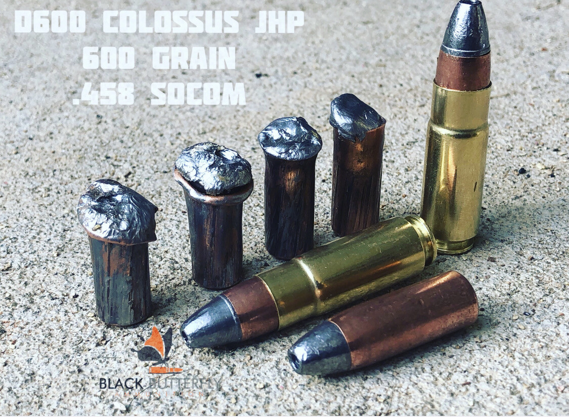 Black Butterfly Ammunition Premium, .458 SOCOM, 600 gr, 5 Rounds, D600 HAWK JHP "COLOSSUS" "SUBSONIC" (SAMPLE PACK)