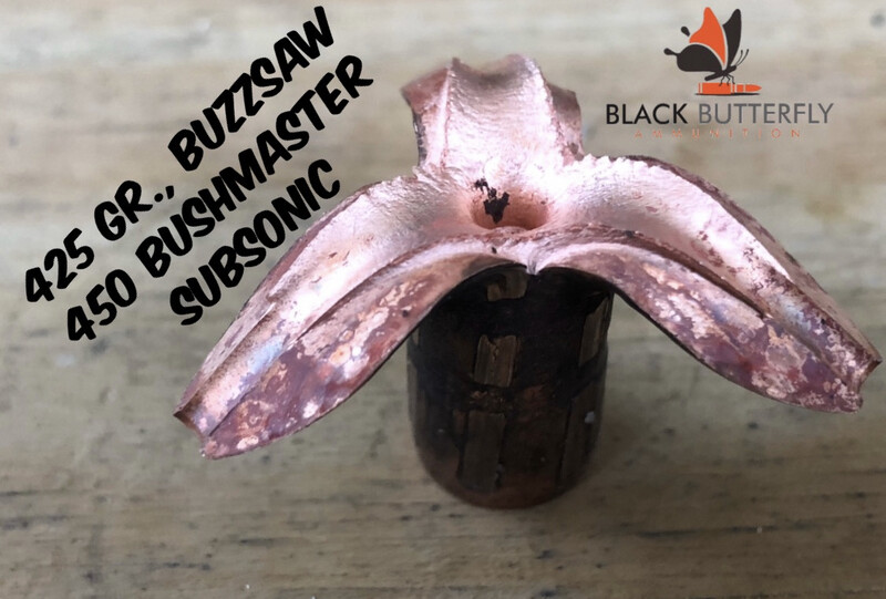Black Butterfly Ammunition Premium, .450 BUSHMASTER, 425 gr, 5 Rounds, Maker Expanding Copper, SUBSONIC &quot;BUZZ SAW&quot; (for 1/16 Twists)