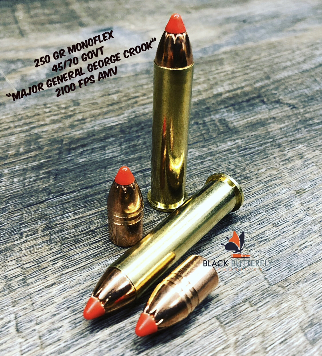 Black Butterfly Ammunition Premium, 45-70 Government, 250 gr, 20 Rounds, Hornady &quot;Major General George Crook&quot; High Velocity for Ruger No. 1 and 3