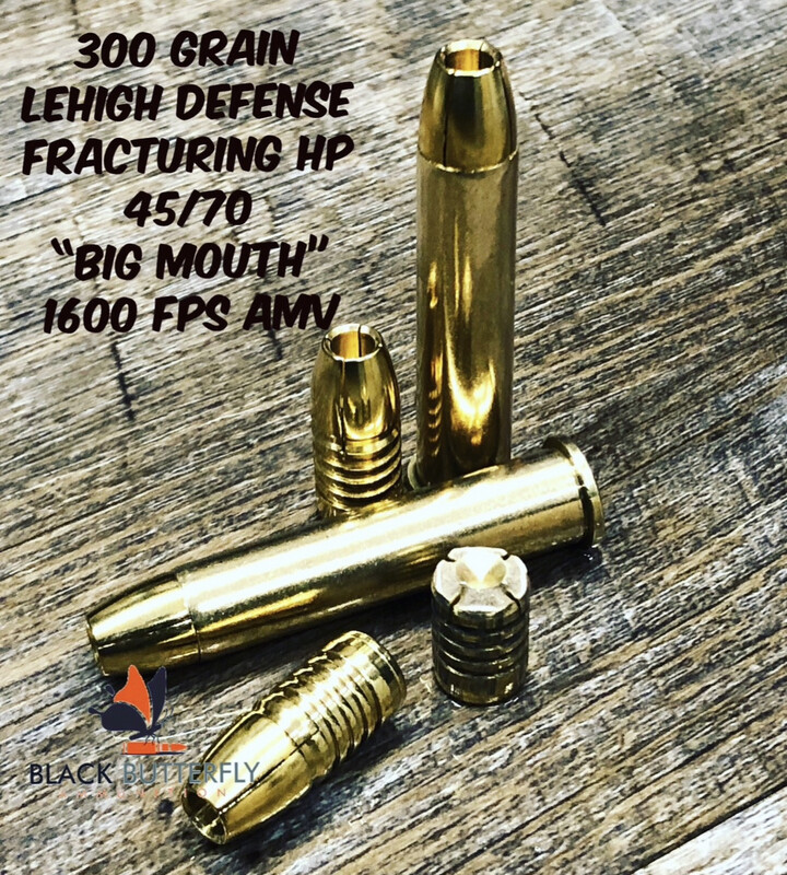 Black Butterfly Ammunition Premium, 45-70 Government, 300 gr, 5 Rounds, Lehigh Defense Fracturing HP "Big Mouth"
