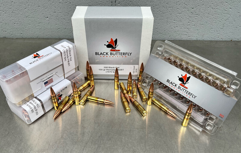 Black Butterfly Ammunition Target, .300 AAC Blackout, 150 gr, 100 Rounds, Hornady FMJBT