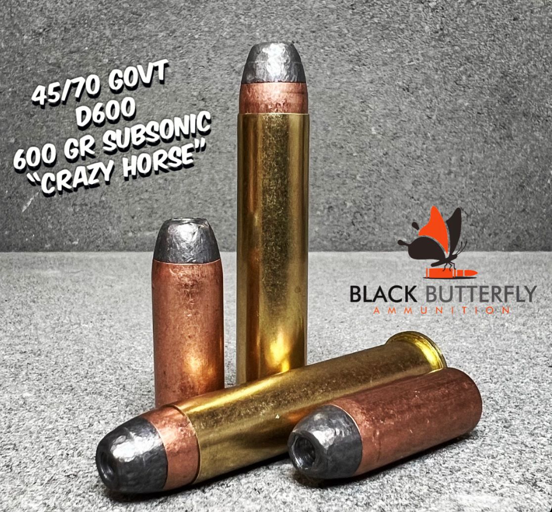 Black Butterfly Ammunition Premium, 45-70 Government, 600 gr, 5 Rounds, D600, HAWK JHP, SUBSONIC &quot;CRAZY HORSE&quot; SAMPLE PACK