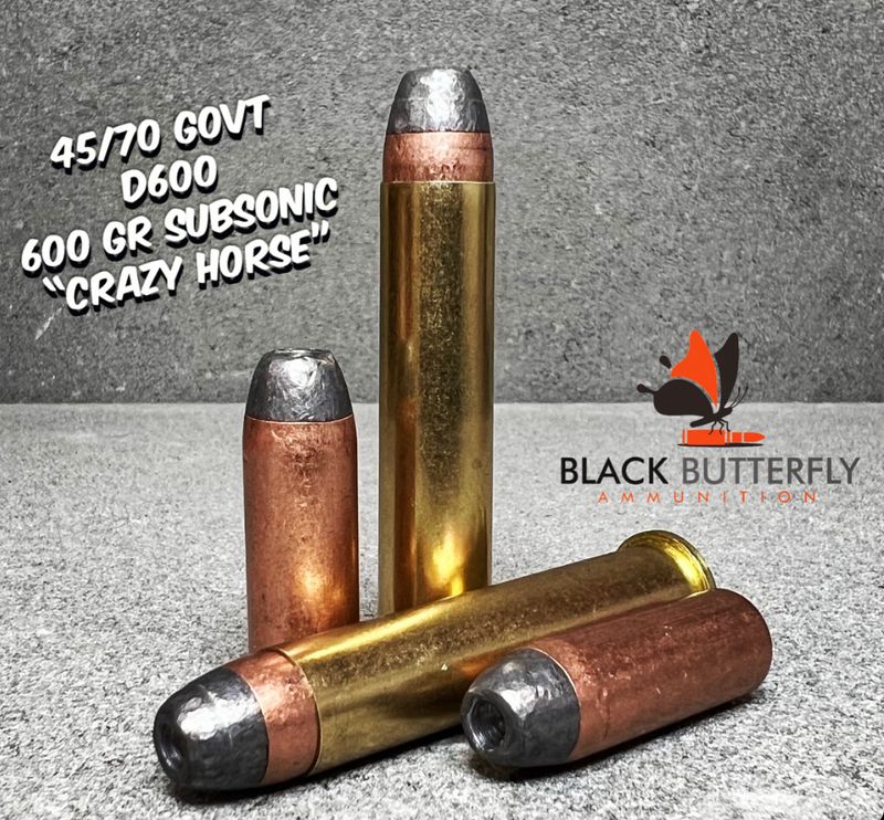 Black Butterfly Ammunition Premium, 45-70 Government, 600 gr, 20 Rounds, D600, HAWK JHP, SUBSONIC &quot;CRAZY HORSE&quot;