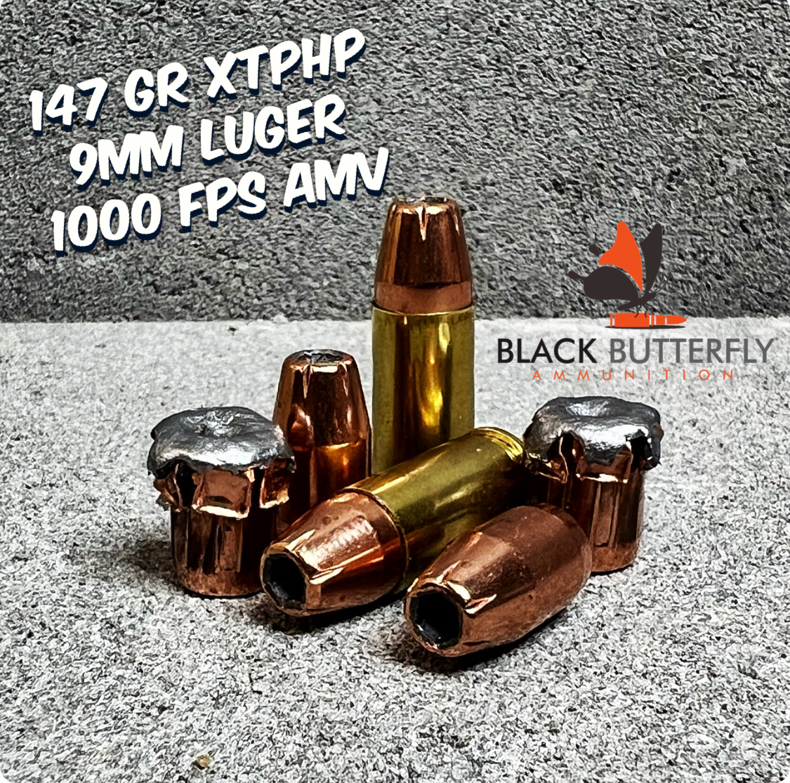 Black Butterfly Ammunition, Premium Self Defense and Hunting Ammo, 9mm Luger, 147 gr, 100 Rounds, Hornady XTPHP (1000 FPS AMV), MAG DUMP BOX