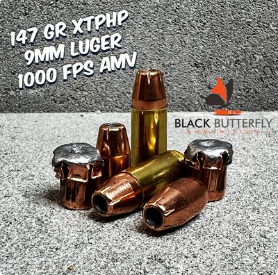 Black Butterfly Ammunition, Premium Self Defense and Hunting Ammo, 9mm Luger, 147 gr, 50 Rounds, Hornady XTPHP (1000 FPS AMV)