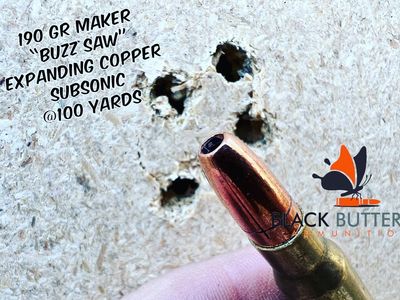 Black Butterfly Ammunition, .308/7.62x51mm, 190 gr., 5 Rounds, SUBSONIC MAKER EXPANDING COPPER "BUZZ SAW" (1070 AMV) 1:10 OR FASTER TWIST, SAMPLE PACK Black Butterfly Ammunition, .308/7.62x51mm, 190 gr., 5 Rounds, SUBSONIC MAKER EXPANDING COPPER "BUZZ SAW" (1070 AMV) 1:10 OR FASTER TWIST, SAMPLE PACK