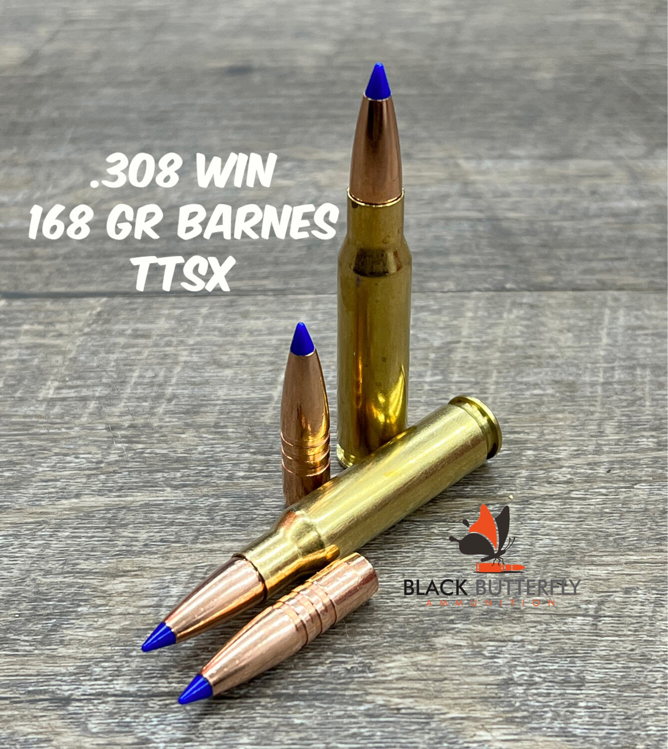 Black Butterfly Ammunition Premium, .308/7.62x51mm, 168 gr., 20 Rounds, Barnes TTSX