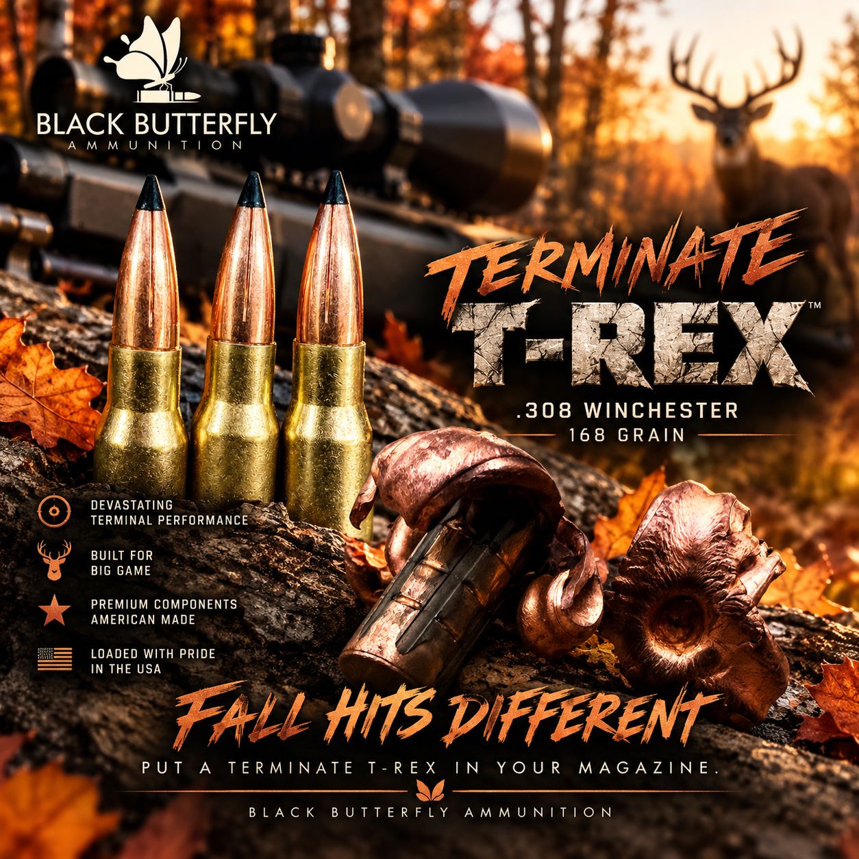 Black Butterfly Ammunition Premium, .308/7.62x51mm, 168 gr., 20 Rounds, TERMINATE-T-REX (2450 AMV)