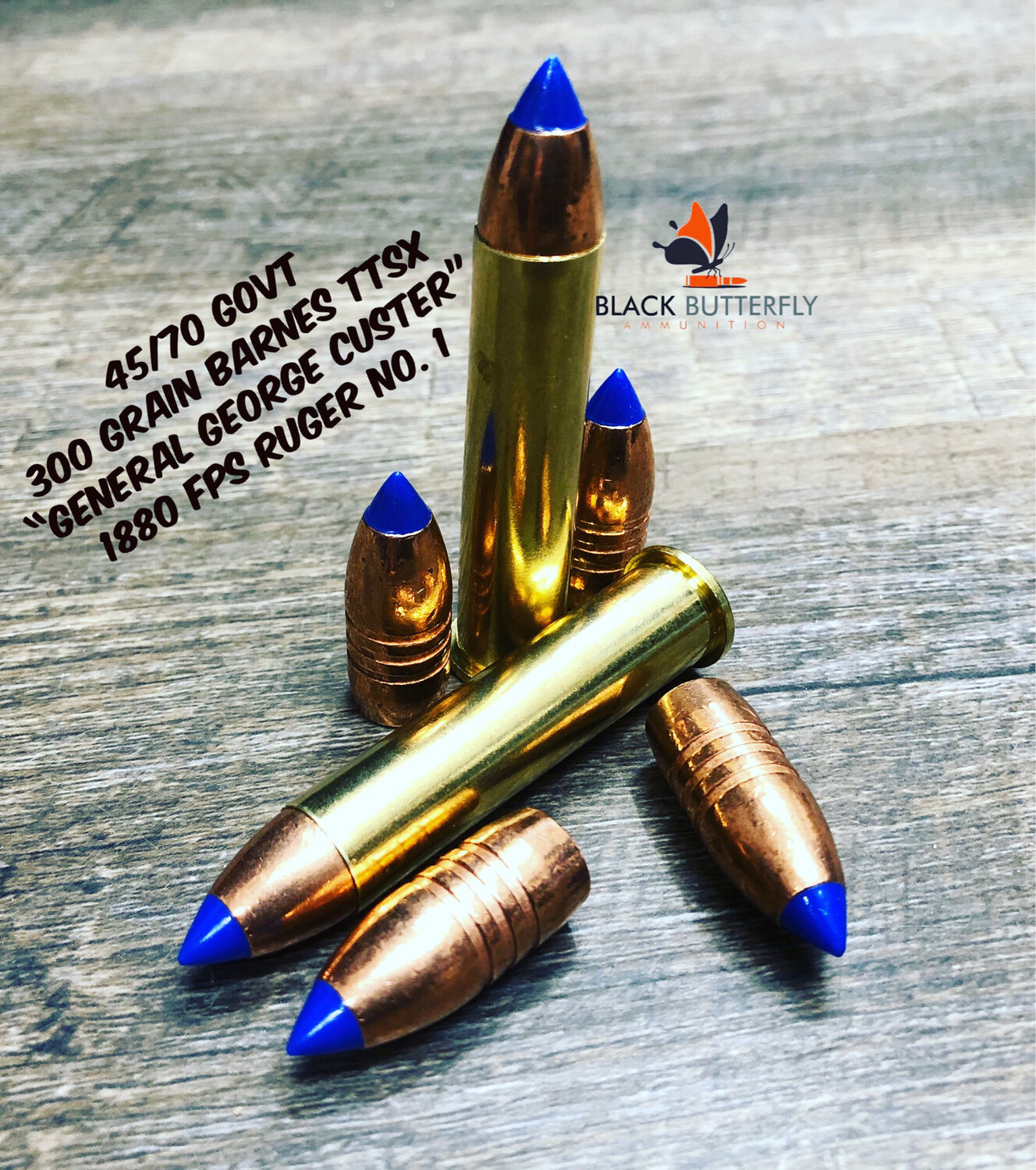 Black Butterfly Ammunition Premium, 45-70 Government, 300 gr, 20 Rounds, Barnes TTSX "General George Custer" High Velocity for Ruger No. 1 and 3, in Berry Box